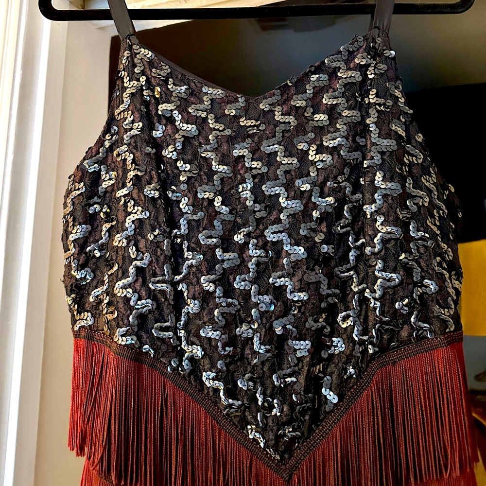 Vintage 1970s Fringe Sequined Flapper Cocktail Dress Size 34 Black & Maroon